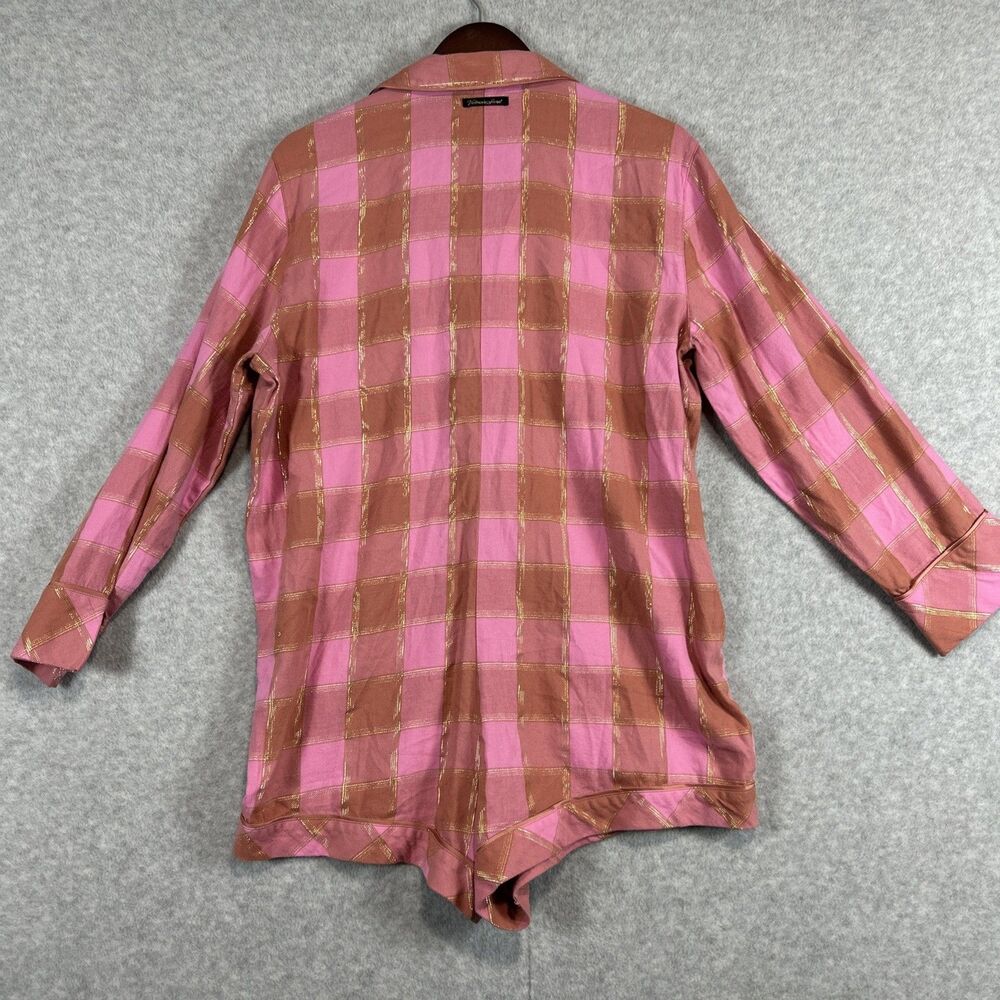 VICTORIA SECRET | Women’s Rose Blush Pink Gold Plaid Flannel Romper size L Cozy - Picture 7 of 8